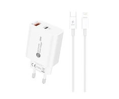 Hurtel A6MaxL 20W USB-A USB-C laidinis įkroviklis su 1m USB-C – Lightning kabelis – baltos spalvos