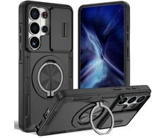 Hurtel „Samsung Galaxy S26 Ultra“ dėklas su stumdomu kameros dangteliu ir pasukamu stovu, suderinamas su „MagSafe“ – juodas