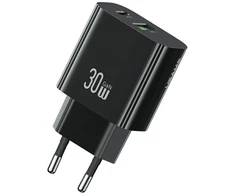 Laidinis įkroviklis USAMS CC316 T65 30W 1xUSB-C 1xUSB-A Fast Charging juodos spalvos