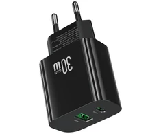 Laidinis įkroviklis USAMS CC316 T65 30W 1xUSB-C 1xUSB-A Fast Charging juodos spalvos