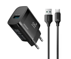 Joyroom JR-TF4 18W wall charger with 3A USB-A - USB-C 1m cable - juodas