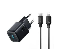 Joyroom JR-TG7 33W USB-A + USB-C sieninis įkroviklis su 30W USB-C - Lightning 1m laidu - juodas