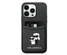 Karl Lagerfeld dėklas, skirtas iPhone 15 Pro Max 6,7" KLHCP15XSAPKCNPK juodas kietas dėklas Saffiano Cardslot KC Metal P