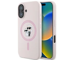 Karl Lagerfeld KLHMP16SSCMKCRHP iPhone 16 6,1 colio eilinis/rožinis kietas dėklas Silikoninis Karl&amp;Choupette galvučių žiedas MagSafe