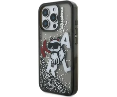Karl Lagerfeld Liquid Glitter Scattered Choupette dėklas Apple iPhone 16 Pro Max juodos spalvos