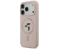 Karl Lagerfeld Liquid Silicone Karl and Choupette MagSafe dėklas skirtas Apple iPhone 17 Pro rožinės spalvos