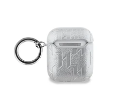 Karl Lagerfeld PU Embossed Choupette Head dėklas ausinėms AirPods 1/2 sidabrinės spalvos
