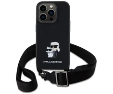 Karl Lagerfeld Saffiano Crossbody Strap Metal Karl and Choupette dėklas telefonui Apple iPhone 15 Pro juodos spalvos