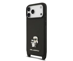 Karl Lagerfeld Saffiano Crossbody Strap Metal Karl and Choupette dėklas skirtas Apple iPhone 17 Pro juodos spalvos