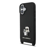 Karl Lagerfeld Saffiano Crossbody Strap Metal Karl and Choupette dėklas skirtas Apple iPhone 17 juodos spalvos