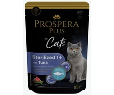 Prospera Plus sterilizuotų kačių ėdalas 1+ maišeliuose su tunu ir žaliosiomis pupelėmis, 85 g