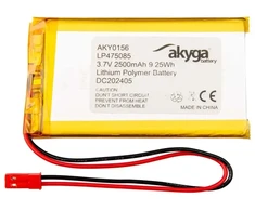 Lithium Polymer Baterija Akyga AKY0156 LP475085 Li-Po 3.7V 2500mAh PCM JST 2.54 2-Pin Connector 150mm