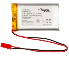 Lithium Polymer Baterija Akyga AKY0393 LP903759 Li-Po 3.7V 2200mAh PCM JST 2.54 2-Pin Connector 150mm