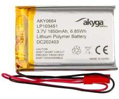 Lithium Polymer Baterija Akyga AKY0664 LP103451 Li-Po 3.7V 1850mAh PCM JST 2.54 2-Pin Connector 150mm