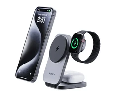 Magnetinis belaidis įkroviklis 3 viename MagFusion Aukey LC-MC312, 15 W Qi2 (pilka)