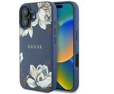 „MagSafe“ dėklas su grūdėtu spausdintu gėlių raštu, skirtas „iPhone 16“ telefonui, Guess dėžutėje.