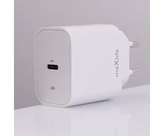 Maxlife MXTC-06-20C PD QC įkroviklis 1x USB-C 20W baltos spalvos + USB-C - Lightning kabelis 20W