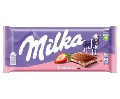 Pieninis šokoladas MILKA, iš Alpių pieno, su braškių skonio įdaru, 100 g