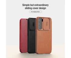 Nillkin Qin Leather Pro Samsung Galaxy S22+ (S22 Plus) Camera Protector Holster Cover Flip dėklas telefonui rudos spalvos
