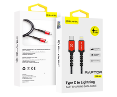 Oem Blavec laidas Raptor pintas – Type C į Lightning – PD 20W 2,4A 2 metrai CarPlay (CRA-CL24BR20) juodas-raudonas