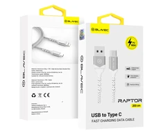 Oem Blavec kabelis Raptor braided – USB į Type C – PD 66W 6A 2 metras (CRA-UC6WS20) baltos spalvos-sidabro spalvos