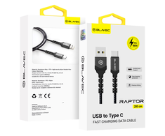 Oem Blavec kabelis Raptor braided – USB į Type C – PD 66W 6A 2 metras (CRA-UC6BG20) juodos spalvos-pilkos spalvos