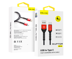 Oem Blavec kabelis Raptor braided – USB į Type C – PD 66W 6A 2 metras (CRA-UC6BR20) juodos spalvos-raudonos spalvos