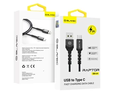 Blavec Kabelis Raptor pintas – USB į Typ C – 2A 3 metry Apple CarPlay/Android Auto (CRA-UC2BG30) juodos ir pilkos spalvos