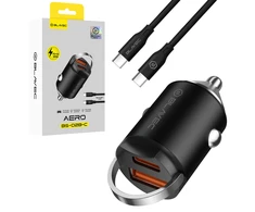 Blavec Automobilinis įkroviklis BS-02B-C Aero – USB + Type C – QC 3.0 18W PD 30W su Type C į Type C kabeliu (CCBS02BCA-UCB) juodos spalvos