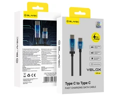 Blavec Kabelis Velox pleciony – Typ C na Typ C – PD 240W 5A LED ekranas 1,2 metra Apple CarPlay/Android Auto (CVE-CC5B12)