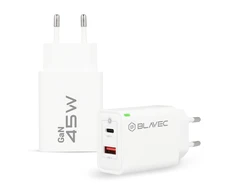 Blavec laidinis įkroviklis BC-5 GaN – USB + Typ C – PD QC 45W 3A (TCBC5G-UCW453A) baltos spalvos