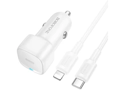 Borofone automobilinis įkroviklis BZ34A Cloud – Typ C – PD 20W su kablem Typ C į Lightning baltos spalvos