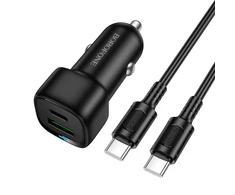 Borofone automobilinis įkroviklis BZ34B Cloud - USB + Type C - QC 3.0 PD 38W su Type C į Type C kabeliu juodos spalvos