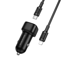 Oem Borofone Car charger BZ34B Cloud – USB + Type C – QC 3.0 PD 38W with Type C to Lightning cable juodas