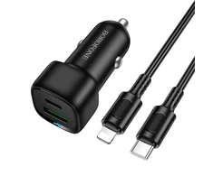 Oem Borofone Car charger BZ34B Cloud – USB + Type C – QC 3.0 PD 38W with Type C to Lightning cable juodas