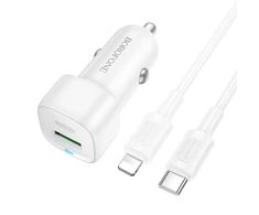 Borofone automobilinis įkroviklis BZ34B Cloud – USB + Type C – QC 3.0 PD 38W with Type C to Lightning cable baltas