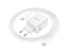 Borofone Įkroviklis jungiama į tinklą BN33 Fuente GaN Typ C – QC3.0 PD 40W su cable Type C to Type C baltos spalvos