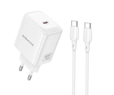 Borofone Įkroviklis jungiama į tinklą BN33 Fuente GaN Typ C – QC3.0 PD 40W su cable Type C to Type C baltos spalvos