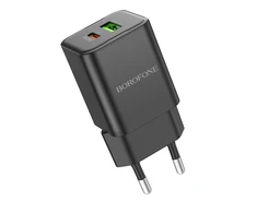 Borofone Laidinis įkroviklis BN14 Royal GaN – USB + Type C – QC 3.0 PD 30W juodos spalvos