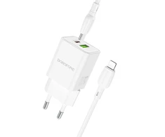 Borofone Laidinis įkroviklis BN14 Royal GaN – USB + Type C – QC 3.0 PD 30W su Type C į Lightning kabeliu baltos spalvos