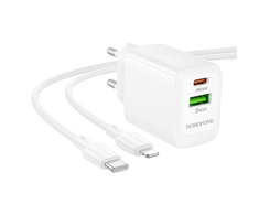 Borofone laidinis įkroviklis BN27 Fuente – USB + Type C – QC 3.0 PD 20W su Type C į Lightning kabeliu baltos spalvos