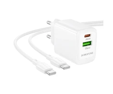 Borofone laidinis įkroviklis BN27 Fuente – USB + Type C – QC 3.0 PD 20W su Type C į Type C kabeliu baltos spalvos