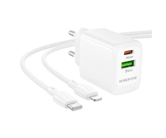 Borofone laidinis įkroviklis BN27 Fuente – USB + Type C – QC 3.0 PD 20W su Type C į Lightning kabeliu baltos spalvos
