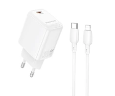 Borofone kelioninis įkroviklis BN28 Fuente – Type C – PD 30W with Type C to Lightning cable baltos spalvos