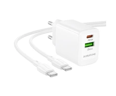 Borofone laidinis įkroviklis BN29 Fuente – USB + Type C – QC 3.0 PD 30W su Type C į Type C kabeliu baltos spalvos
