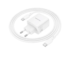 Borofone kelioninis įkroviklis BN30 Cargador GaN – USB + Type C – QC 3.0 PD 45W with Type C to Type C cable baltos spalvos