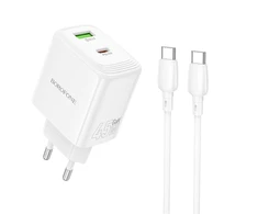 Borofone kelioninis įkroviklis BN30 Cargador GaN – USB + Type C – QC 3.0 PD 45W with Type C to Type C cable baltos spalvos
