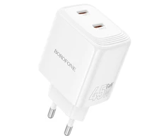 Borofone kelioninis įkroviklis BN31 Cargador GaN – 2xType C – QC 3.0 PD 45W baltos spalvos