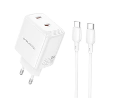 Borofone kelioninis įkroviklis BN31 Cargador GaN – 2xType C – QC 3.0 PD 45W with Type C to Type C cable baltos spalvos