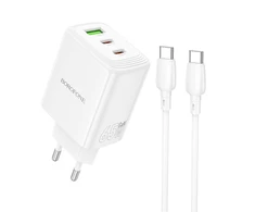 Borofone Wall charger BN32 Cargador GaN – USB + 2xType C – QC 3.0 PD 65W with Type C to Type C baltas